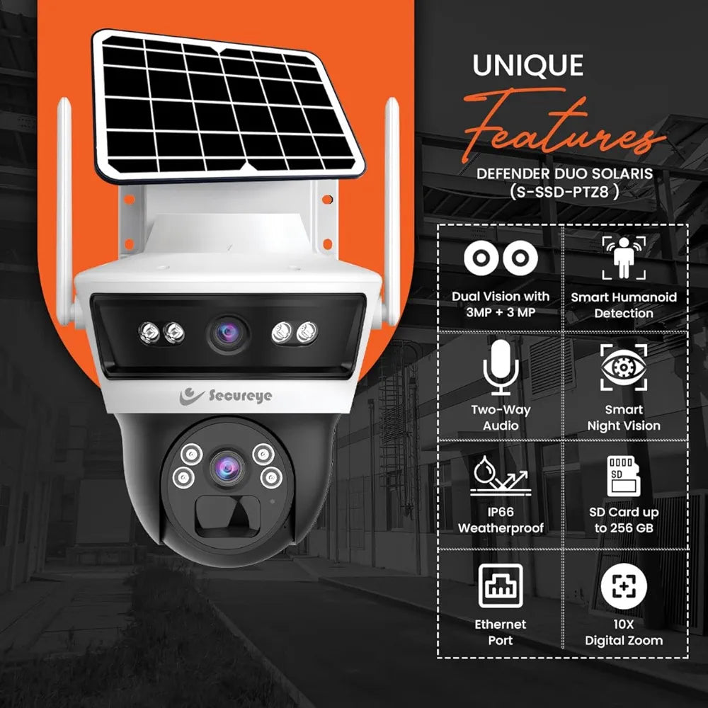 ecureye 4G/5G Dual Lens Solar CCTV Camera -Solaris| Wireless Outdoor Security Camera | 350° PTZ, 2-Way Talk, Motion Detection | SD Card & Cloud Storage | Waterproof Solar-Powered Surveillance