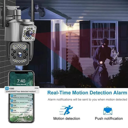 Dual Lens 4MP PTZ Outdoor WiFi Security Camera | 360° Full View | 1080P HD | Auto Tracking | IP66 Waterproof | Two-Way Audio | Motion Alarm | Supports 128GB