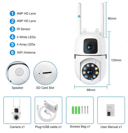 Dual Lens HD 4MP+4MP 1080P 360° Pan & Tilt Smart WiFi Home Security Camera | Color Night Vision | Motion Detection | Two-Way Audio