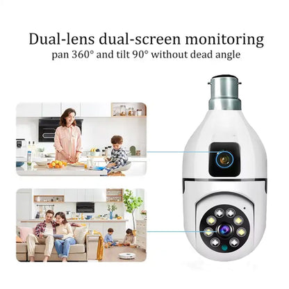 2-in-1 Dual Lens 3MP Smart Bulb WiFi Security Camera | Dual Screen View | Bullet + PTZ | Color Light Vision | Two-Way Talk | AI Human Detection | 128GB Support